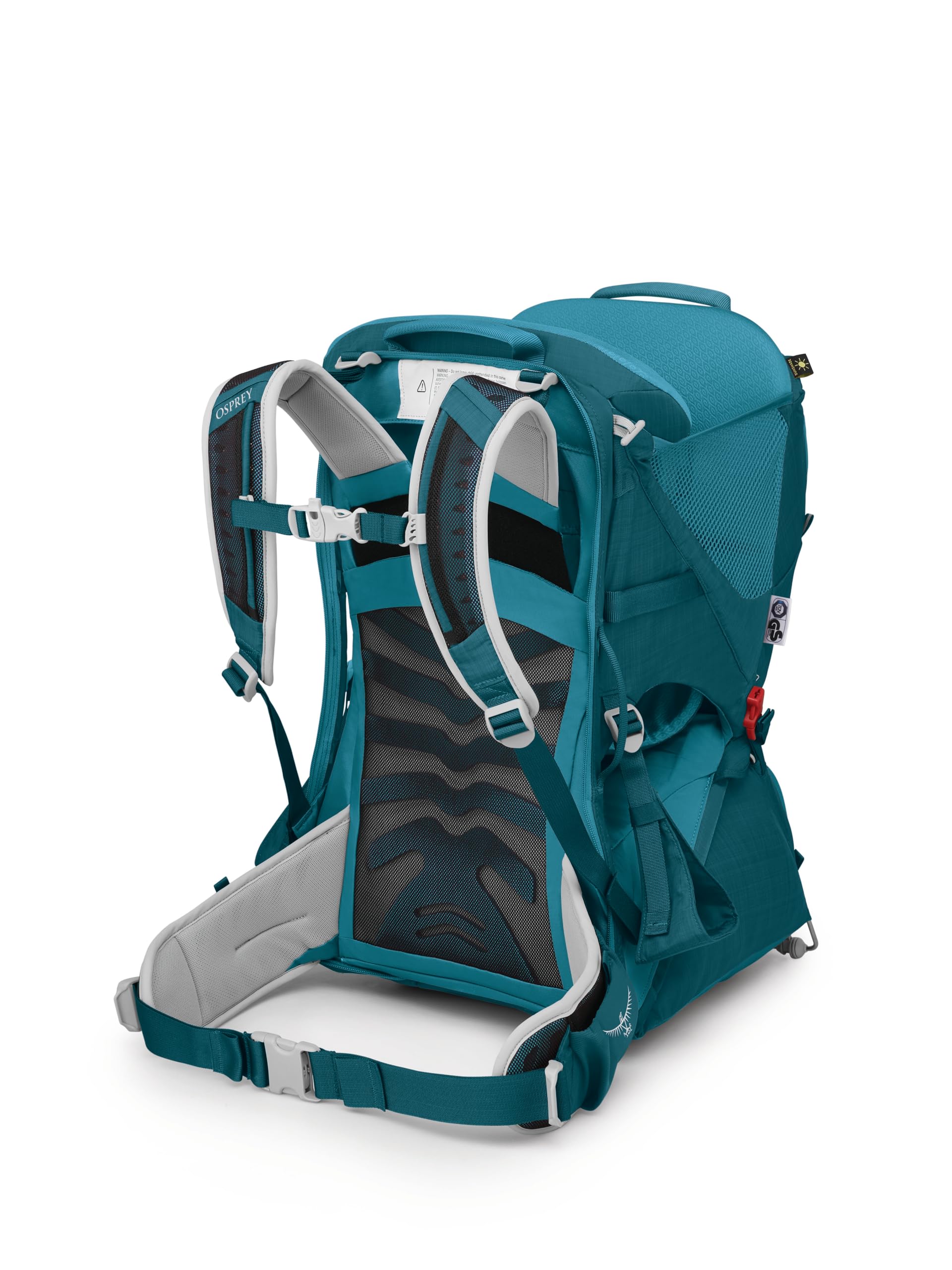 Osprey Poco LT deep peyto color complements outdoor gear in action shots.