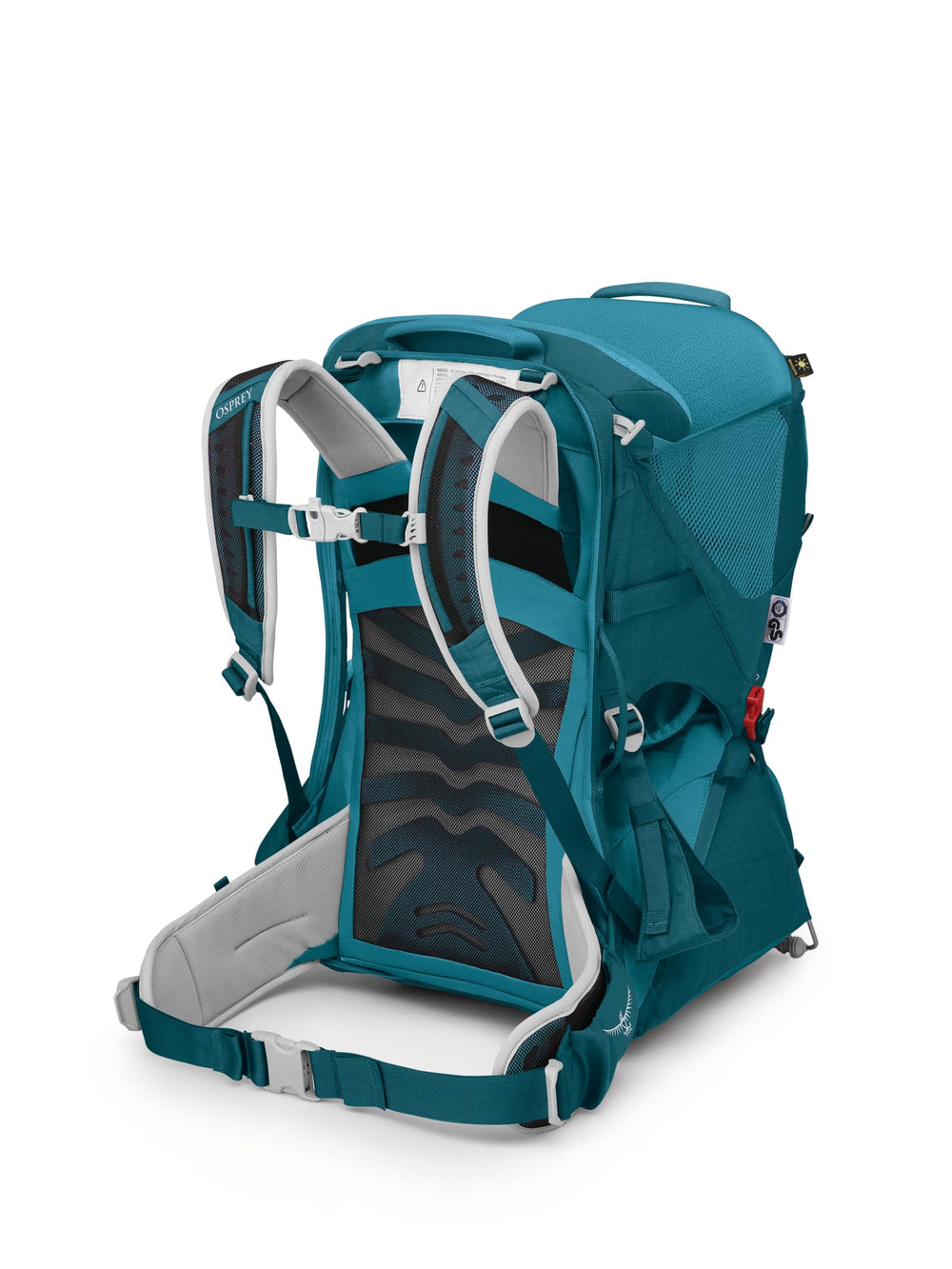 Osprey Poco LT deep peyto color complements outdoor gear in action shots.