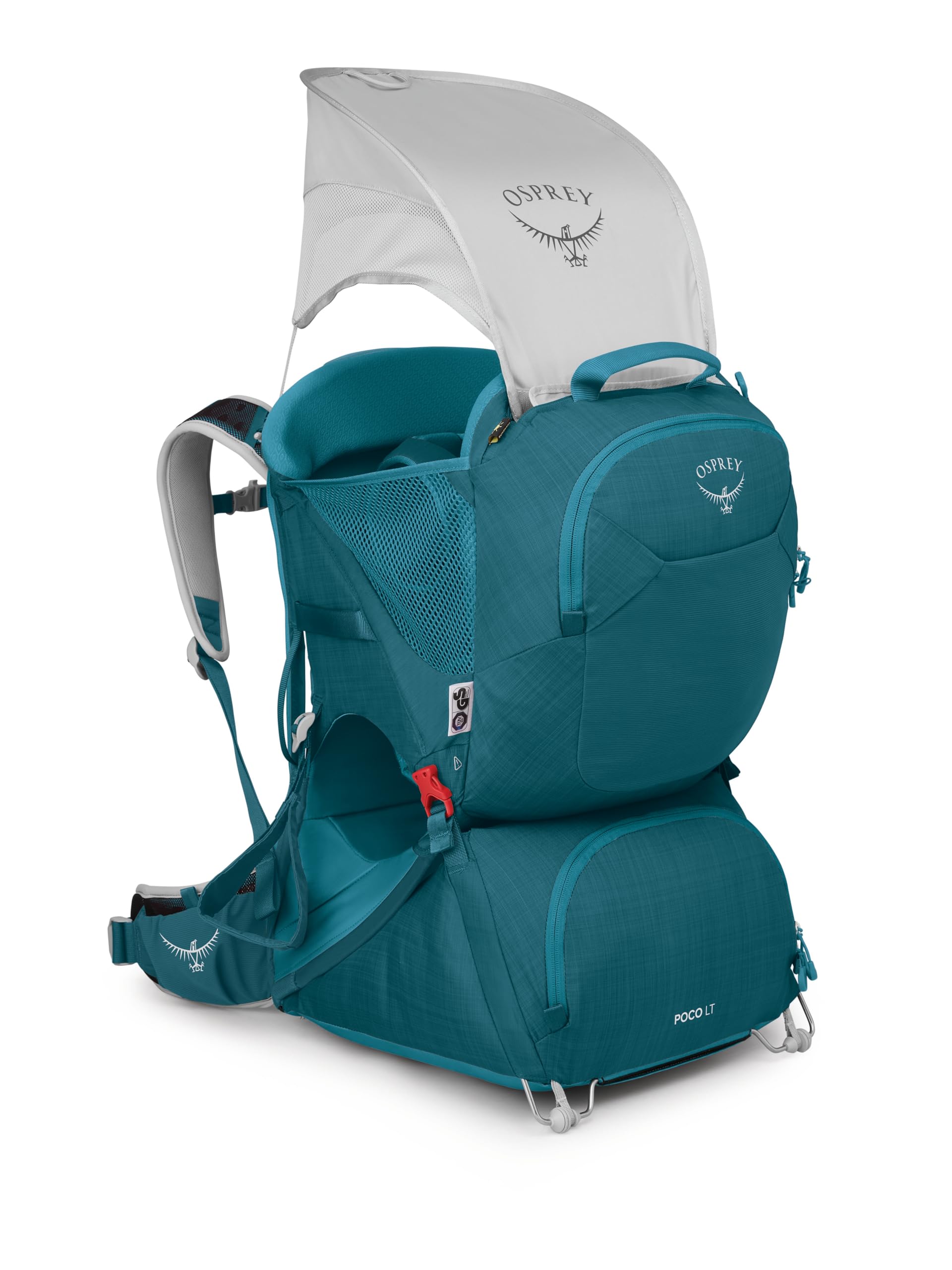 Osprey Poco LT sunshade-pocket reveals built-in shade for sunny outings.