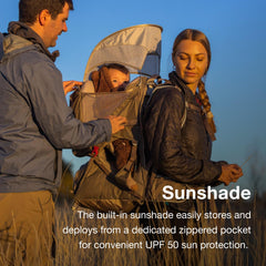 Osprey Poco LT ventilated backpanel helps keep caregiver cooler on hikes.