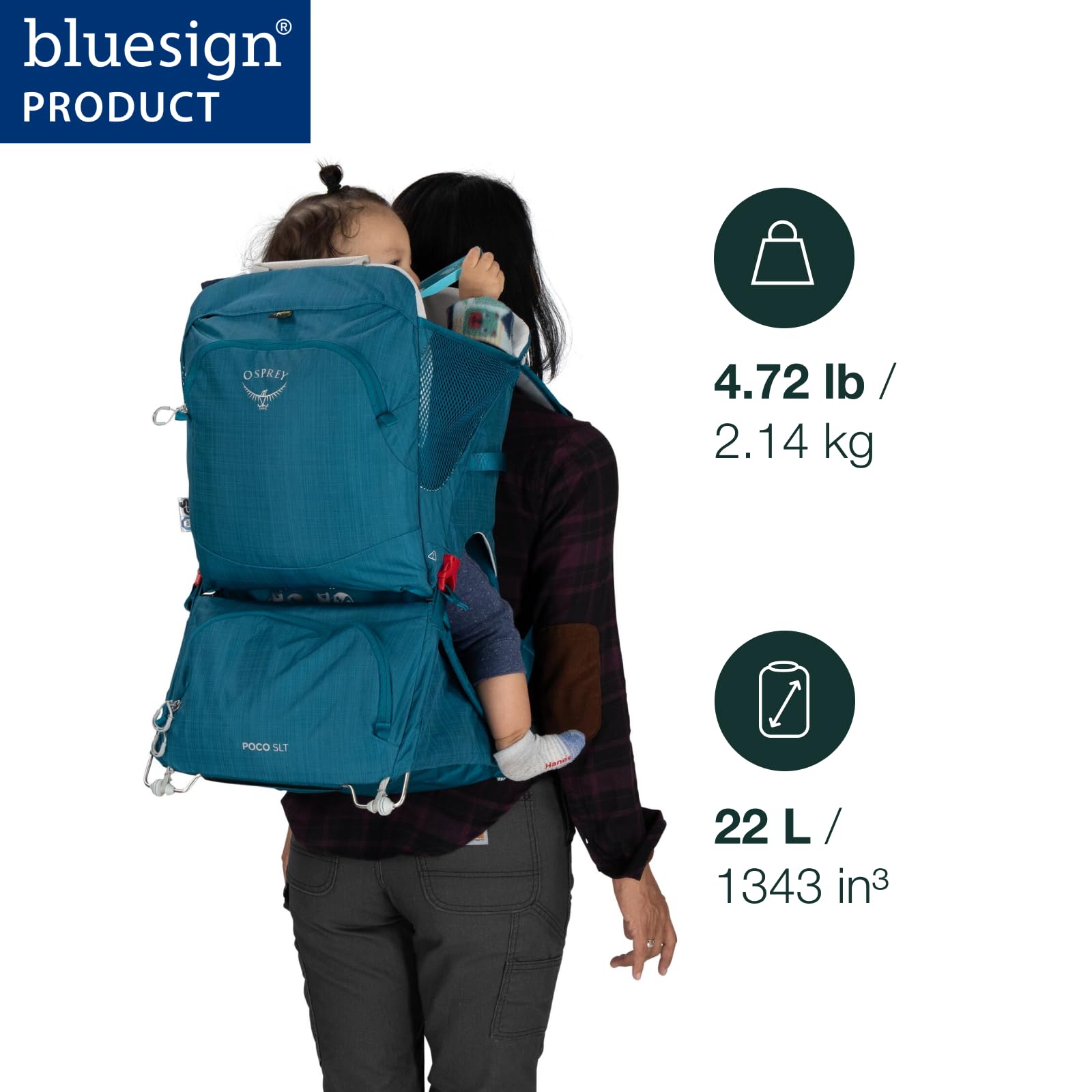 Osprey Poco SLT folded-frame compact demonstrates travel-friendly storage.