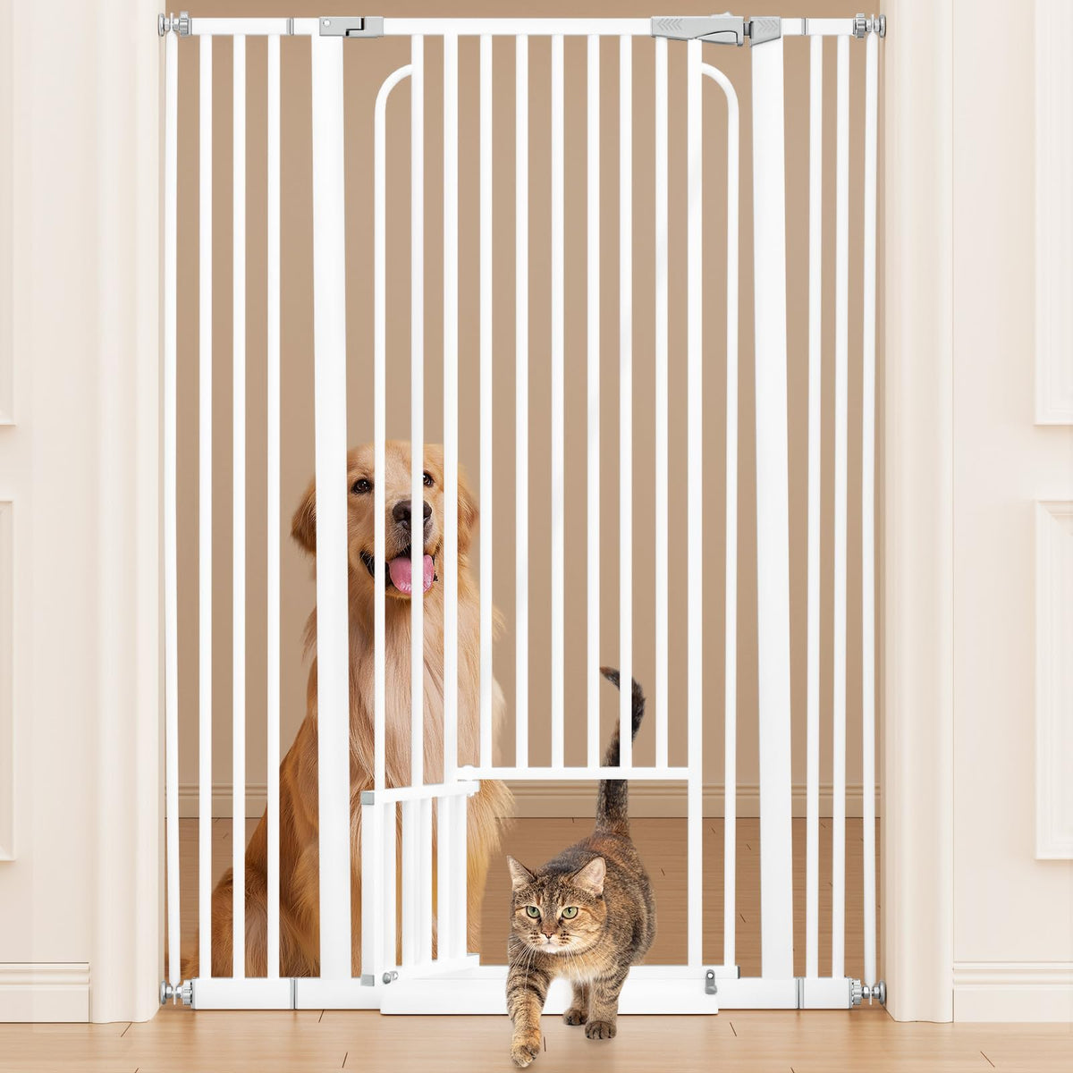 Ostutry 53in extra tall cat gate in use prevents climbing at doorways.