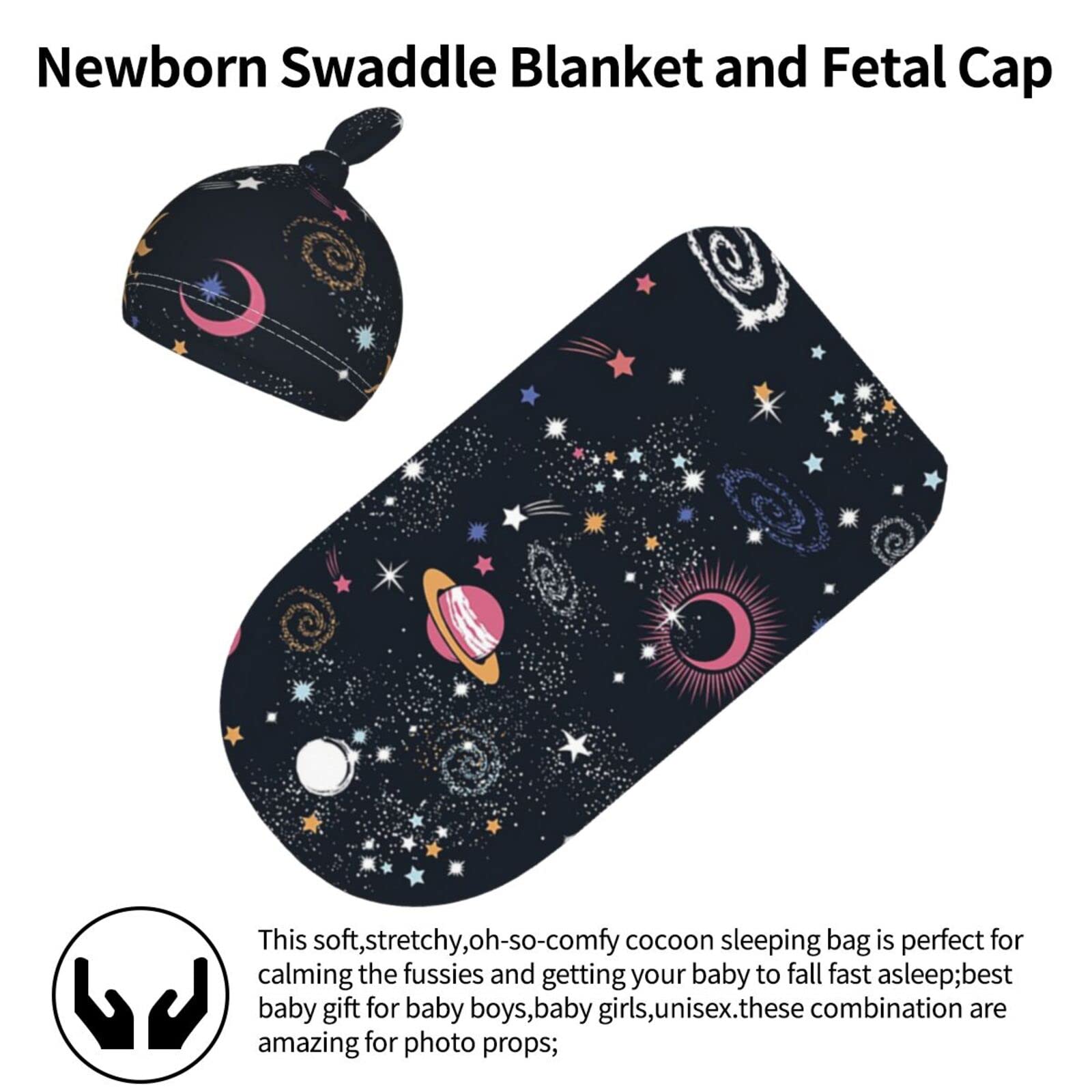 Osvbs Space Galaxy swaddle with hat on baby illustrating snug, cozy wrap.