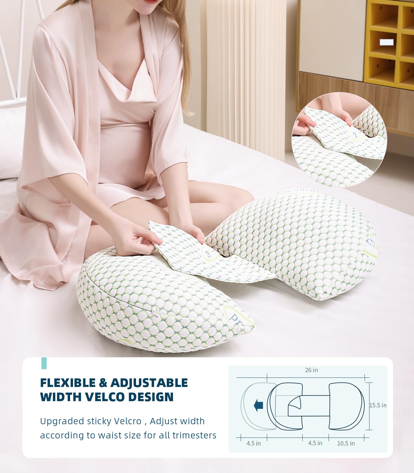 Oternal pregnancy pillow hips-legs alignment aids a relaxed sleeping posture.