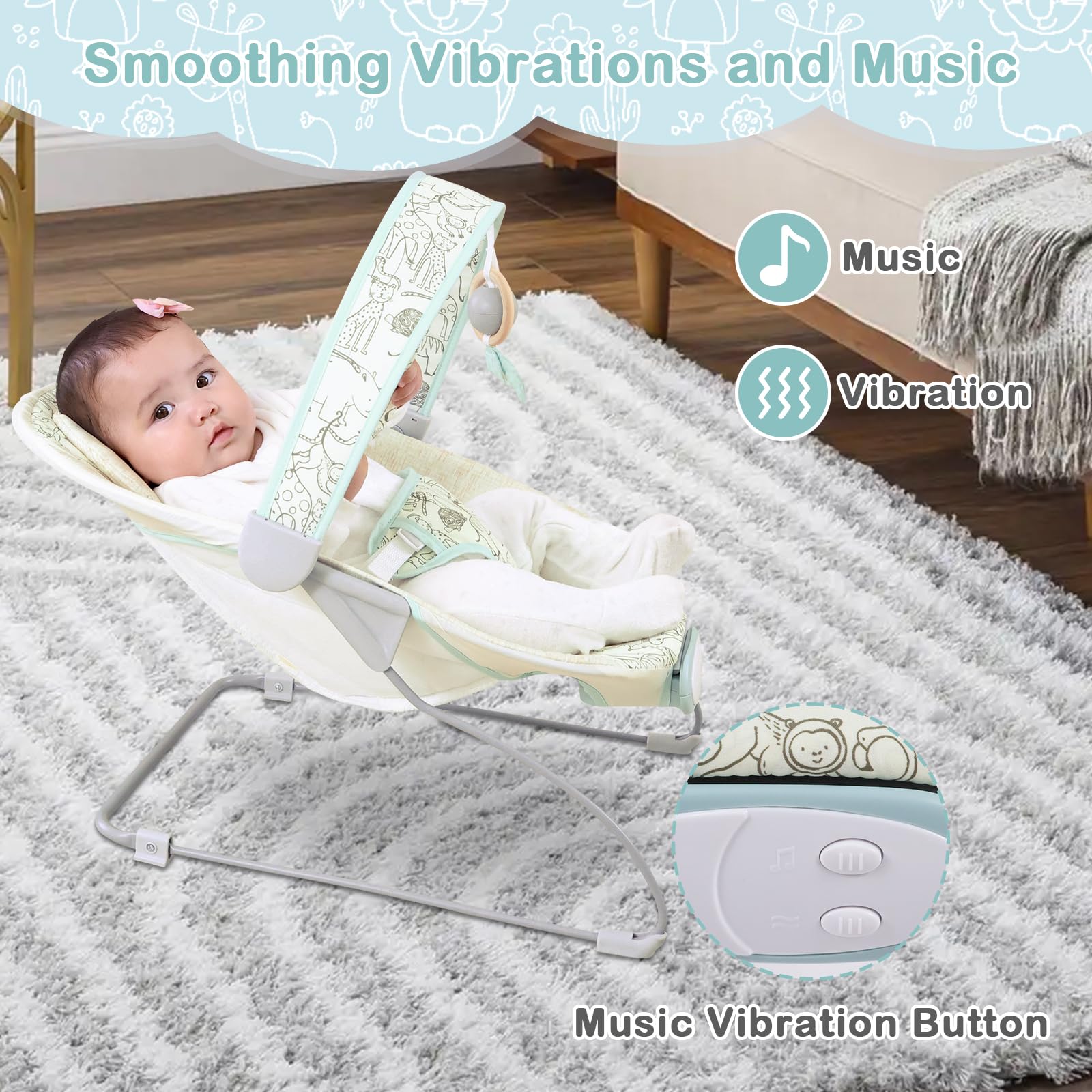 Otrolepota Baby Bouncer music and vibration provide calm, soothing sessions.