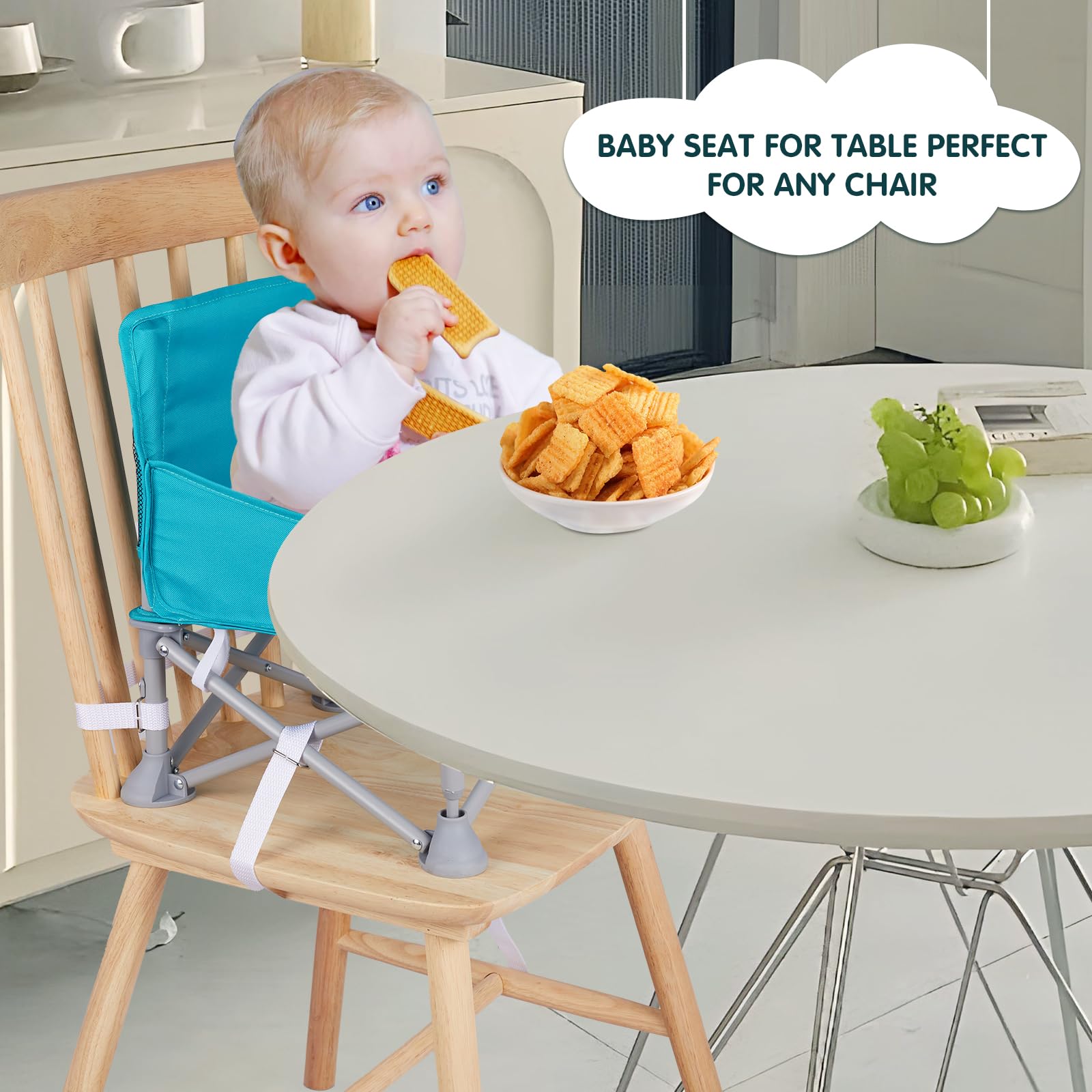 Otrolepota portable baby chair with tray attached for convenient on-the-go feeding.