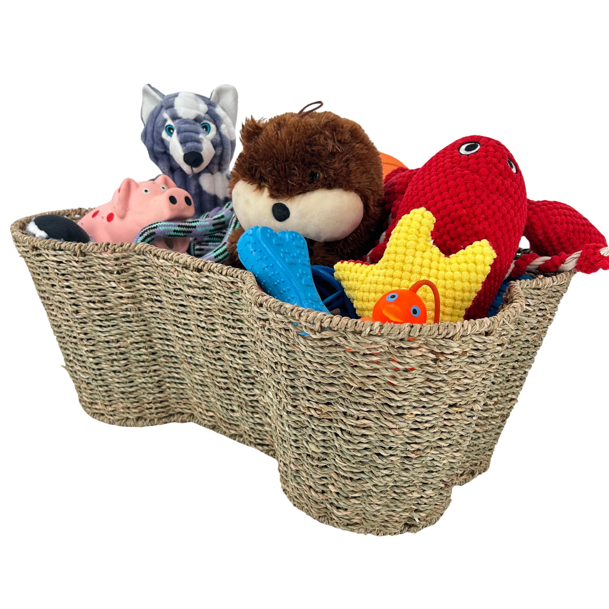 OtterPets seagrass bone-basket large closeup shows organized toys.