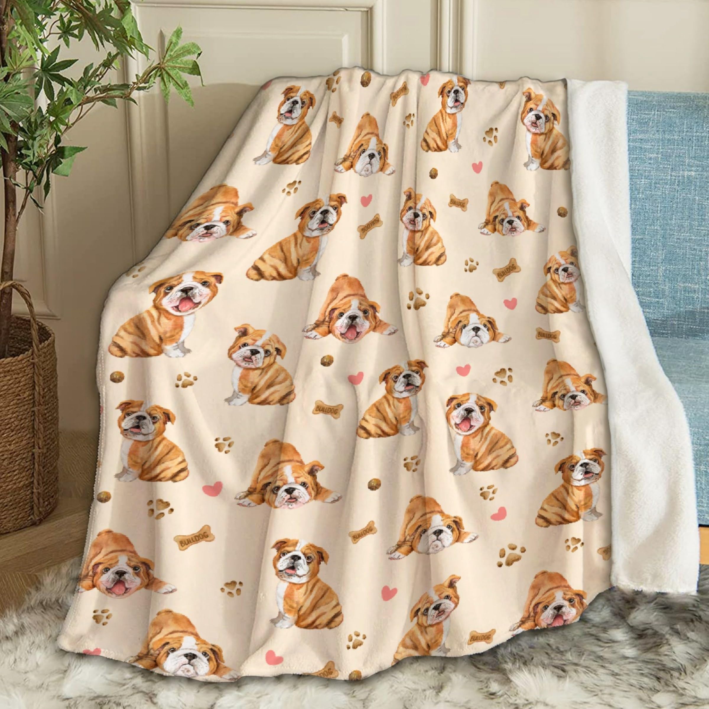 Ottoy Cute Bulldogs blanket front design for cozy kids' room décor.