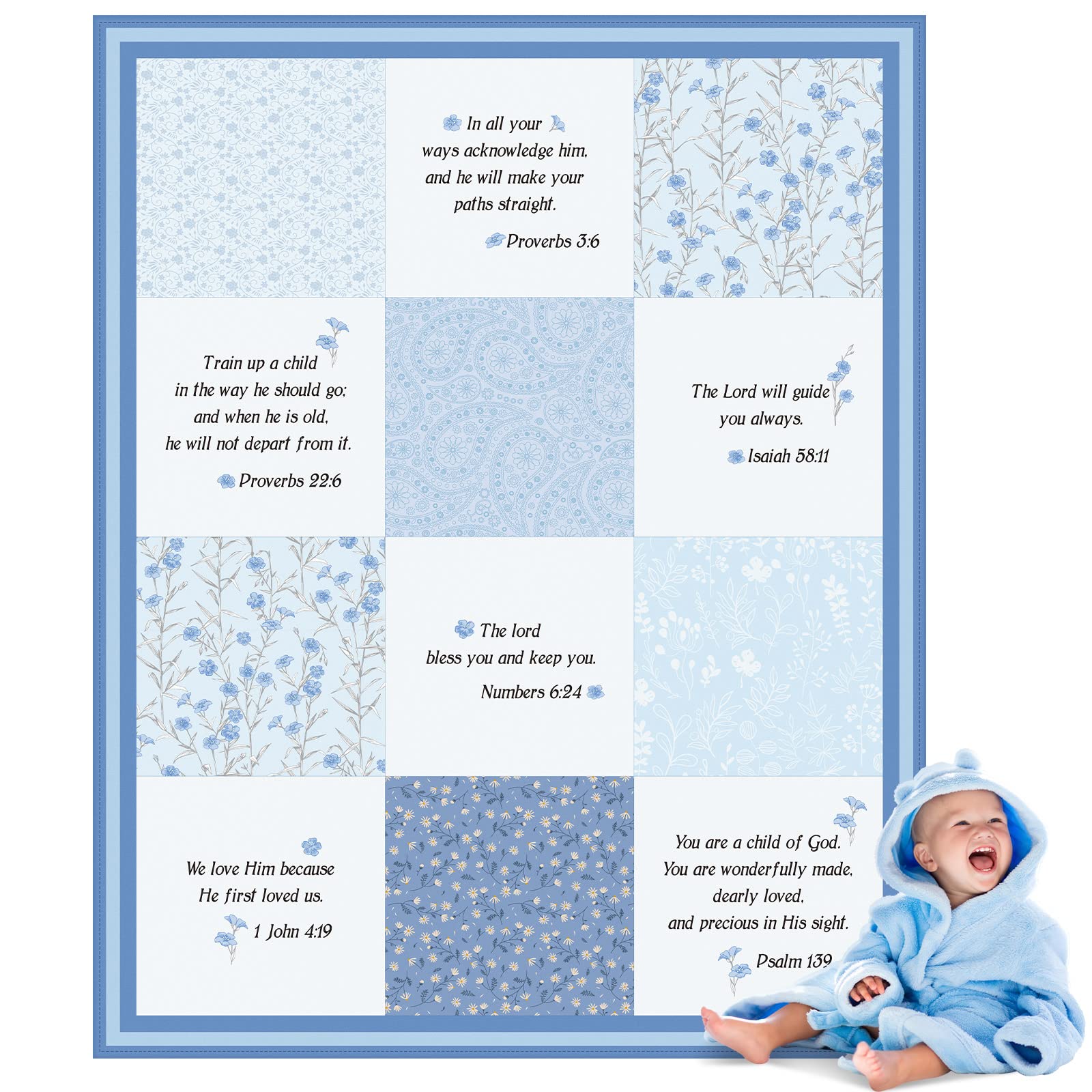Oudain Christian baby blanket blue closeup with scripture and flowers for peaceful nighttime comfort.