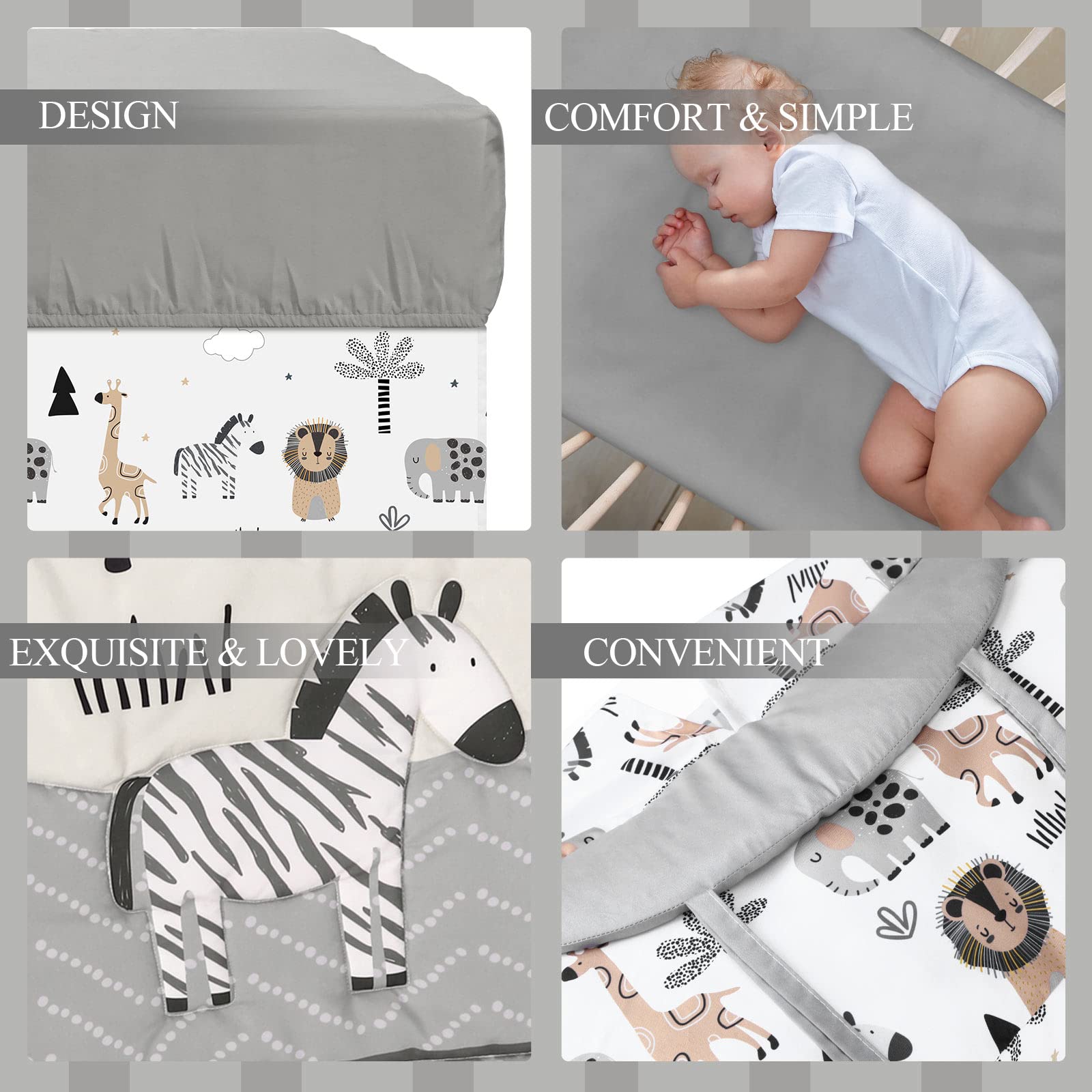 Oudain woodland animals nursery ambience shows soft neutrals with playful characters.