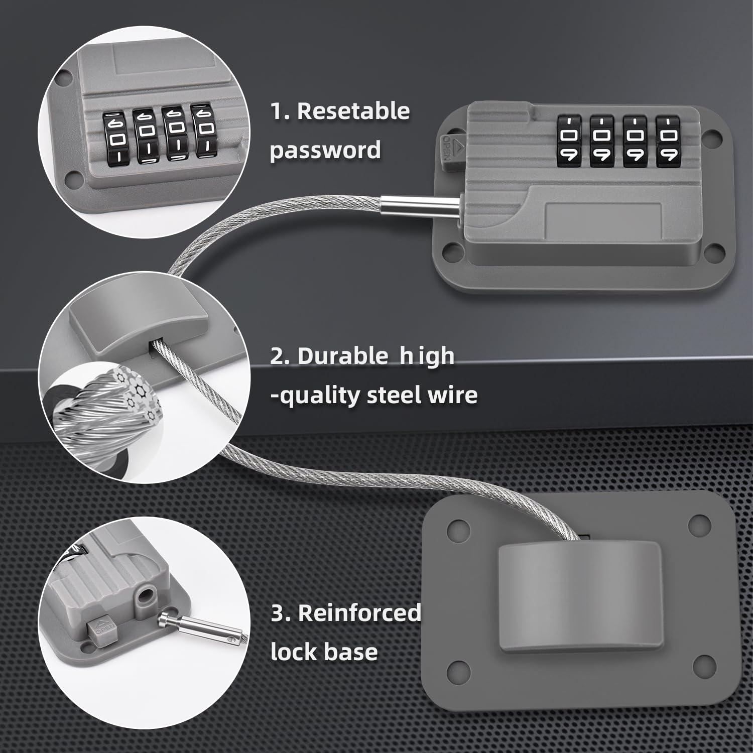 Ougourim Upgraded Fridge Lock install-stickers highlight no-drill surface adhesion.