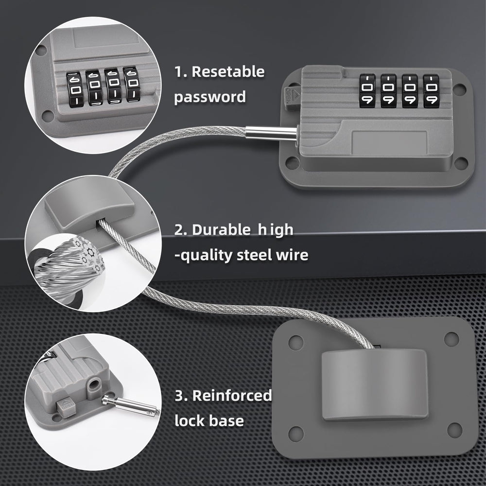 Ougourim Upgraded Fridge Lock install-stickers highlight no-drill surface adhesion.