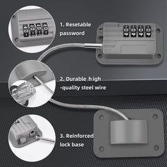 Ougourim Upgraded Fridge Lock install-stickers highlight no-drill surface adhesion.