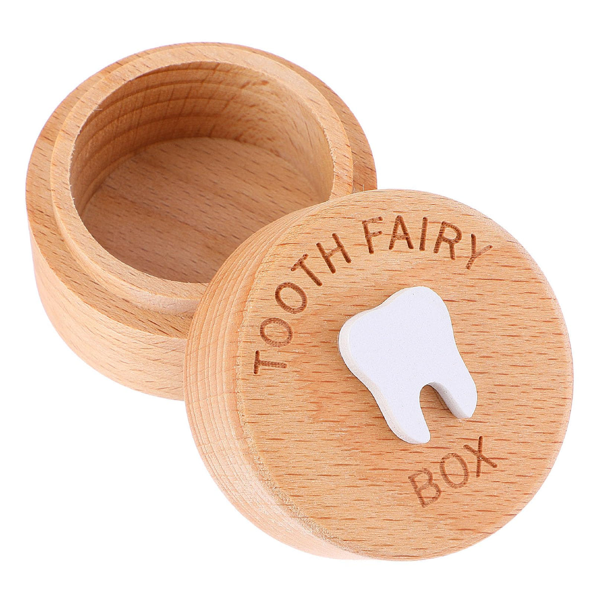 Ouligay Tooth Fairy Box close-up reveals 3D carved wood for a precious baby teeth keepsake.