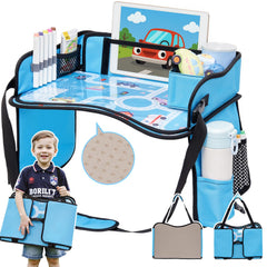 OUOZZZ Kids Travel Tray front view with weight-relief strap for smoother car journeys