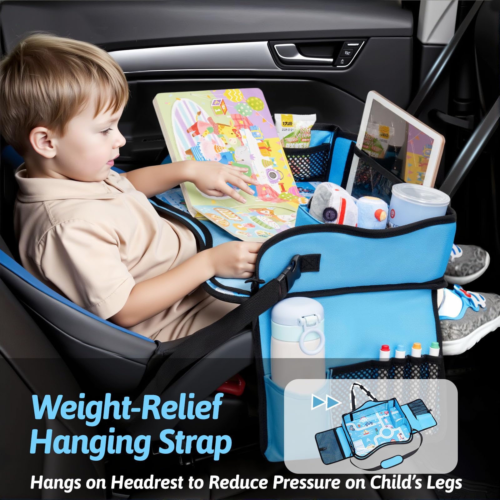 OUOZZZ Kids Travel Tray headrest attachment reduces leg strain during bumps