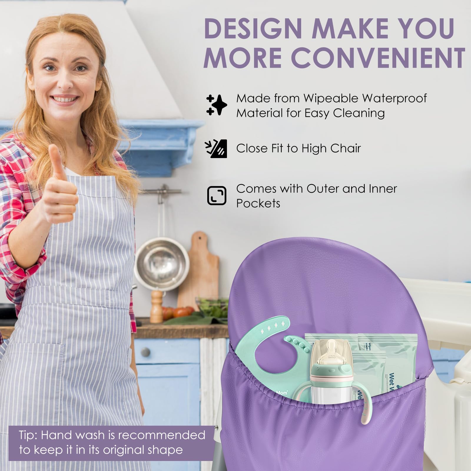 Ourea high-chair handy-pocket-pouch-backrest-attachment slides over chair for seamless fit.