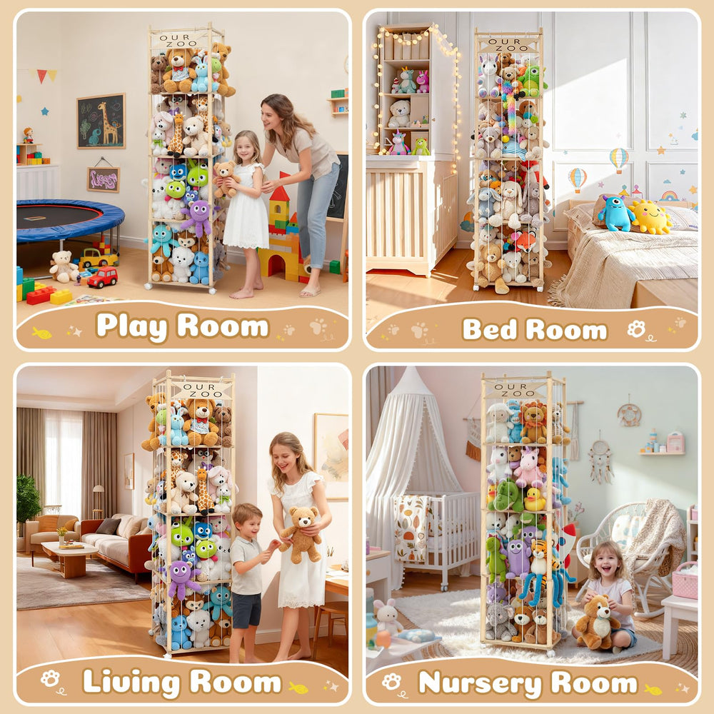 OurWarm playroom storage solution saves floor space with vertical design.