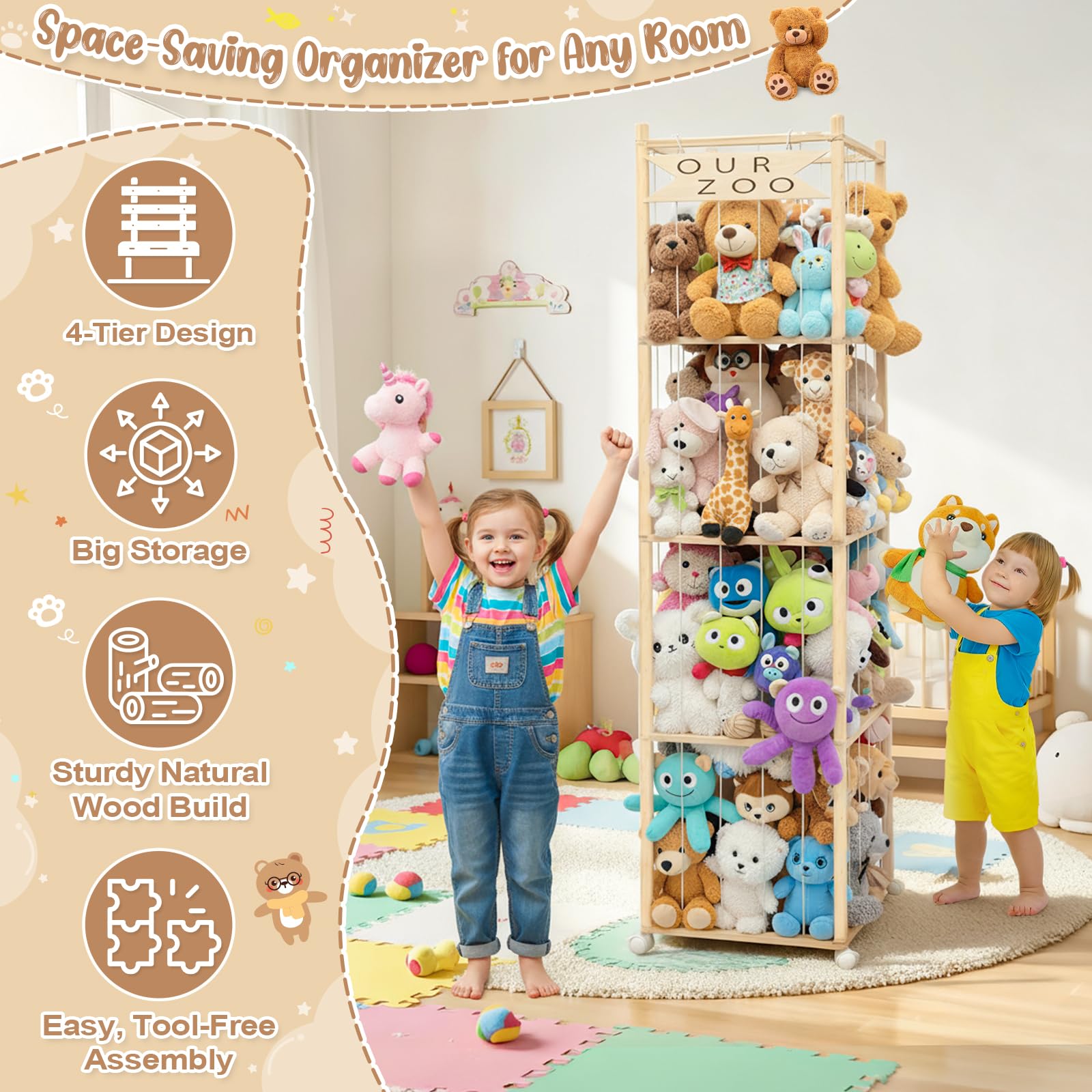OurWarm white bungee cords securely hold plush toys in place.
