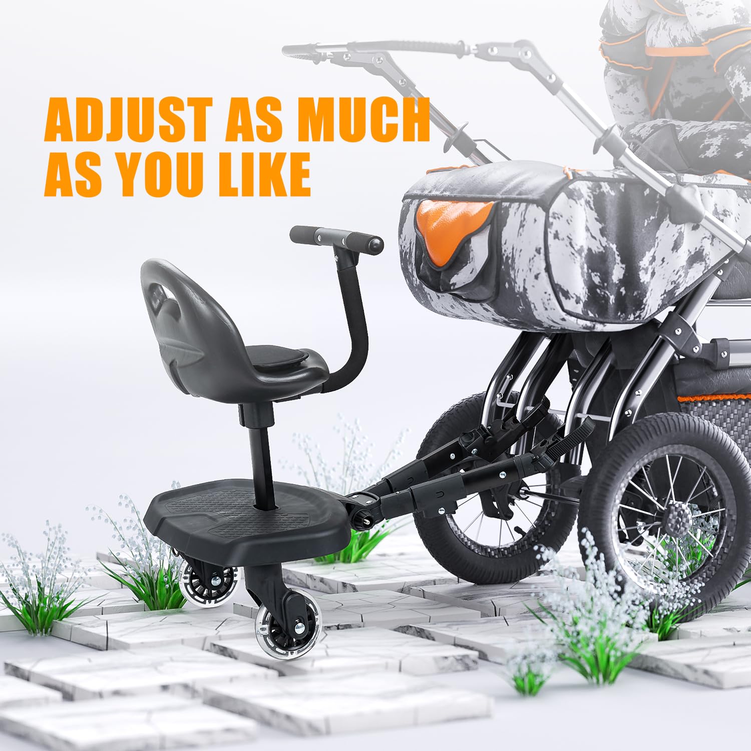OUSEXI stroller board saddle seat in use provides comfortable riding.