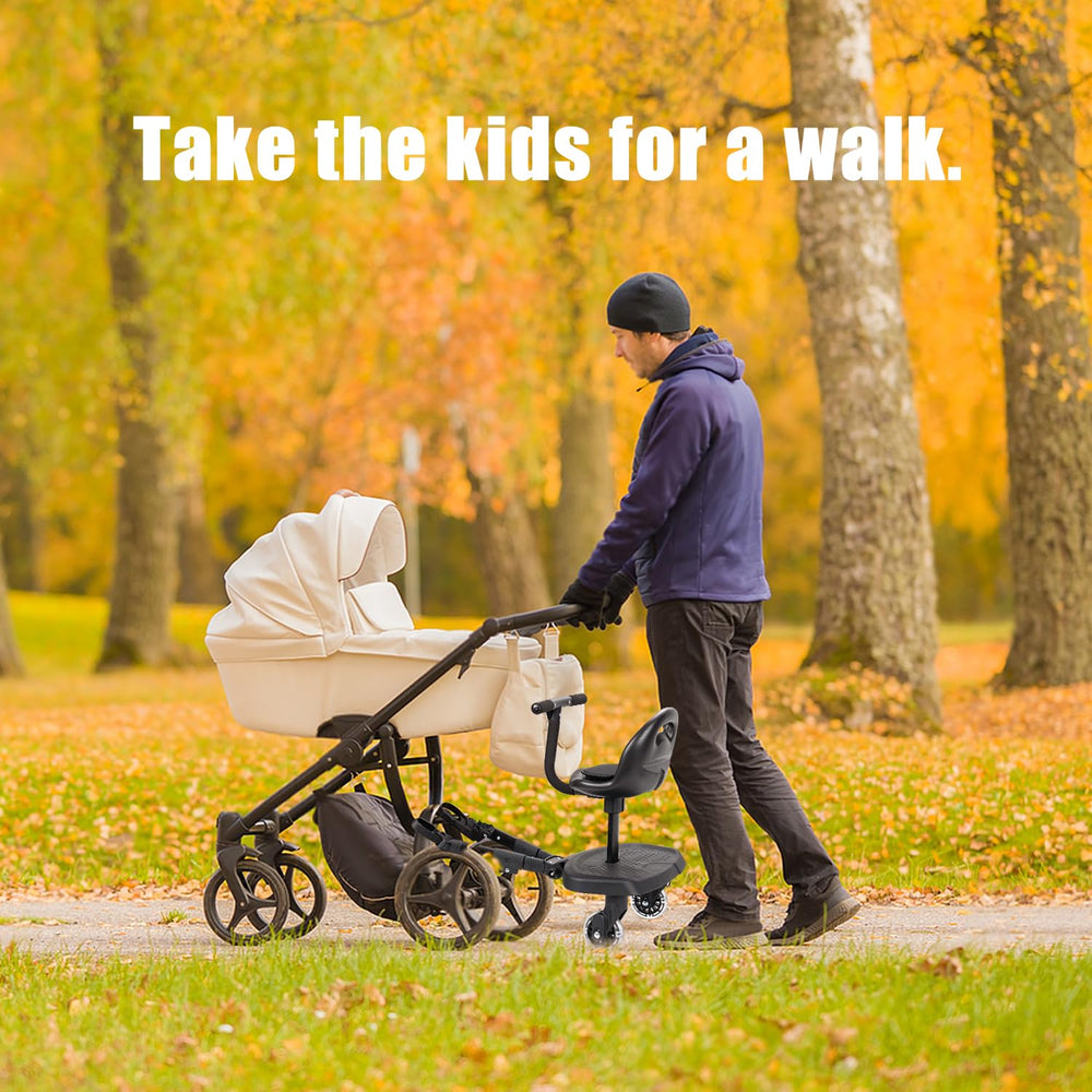 OUSEXI travel-friendly rider board helps you manage two kids on the go.