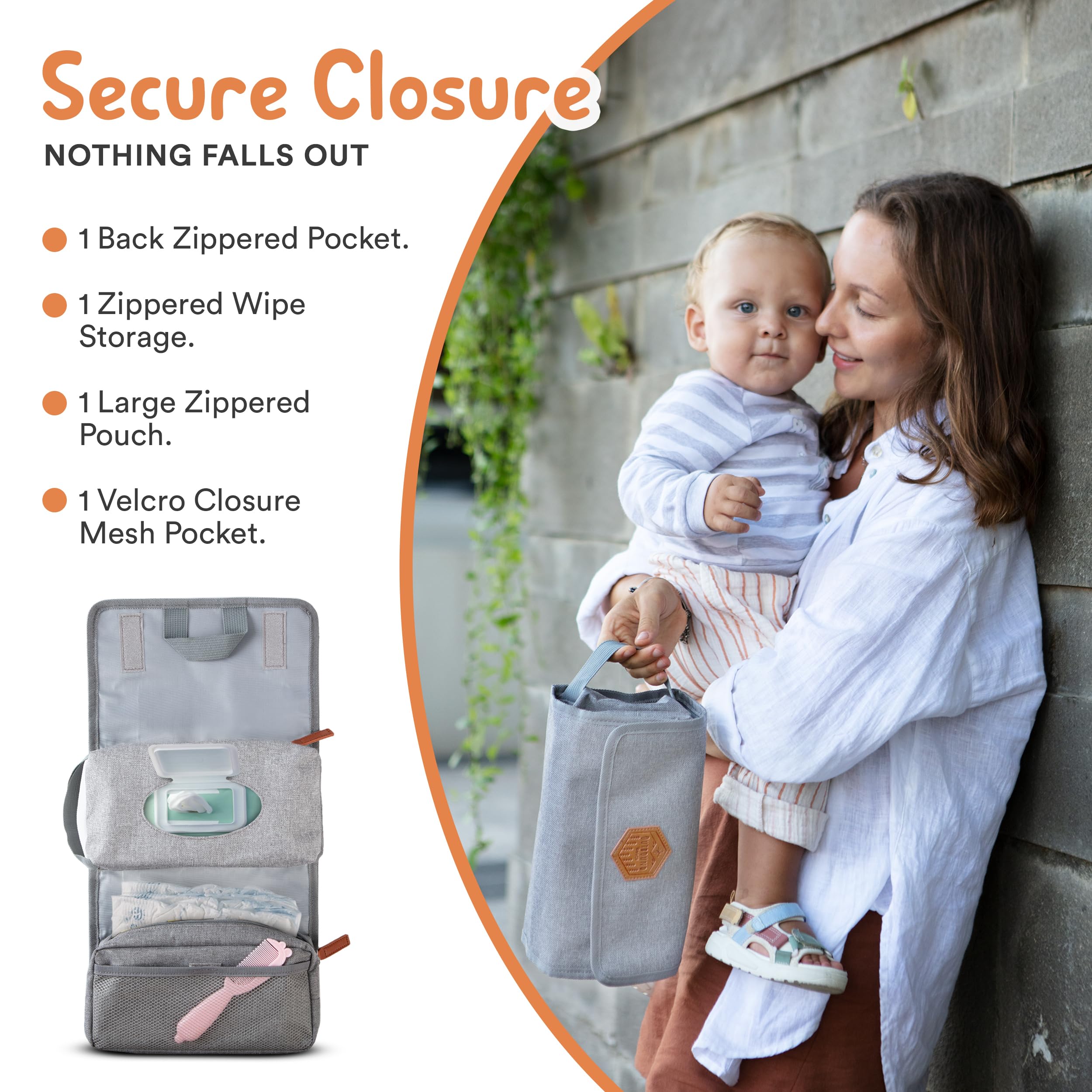 Outbound Basics organizer hanging from a hook for convenient restroom changes.