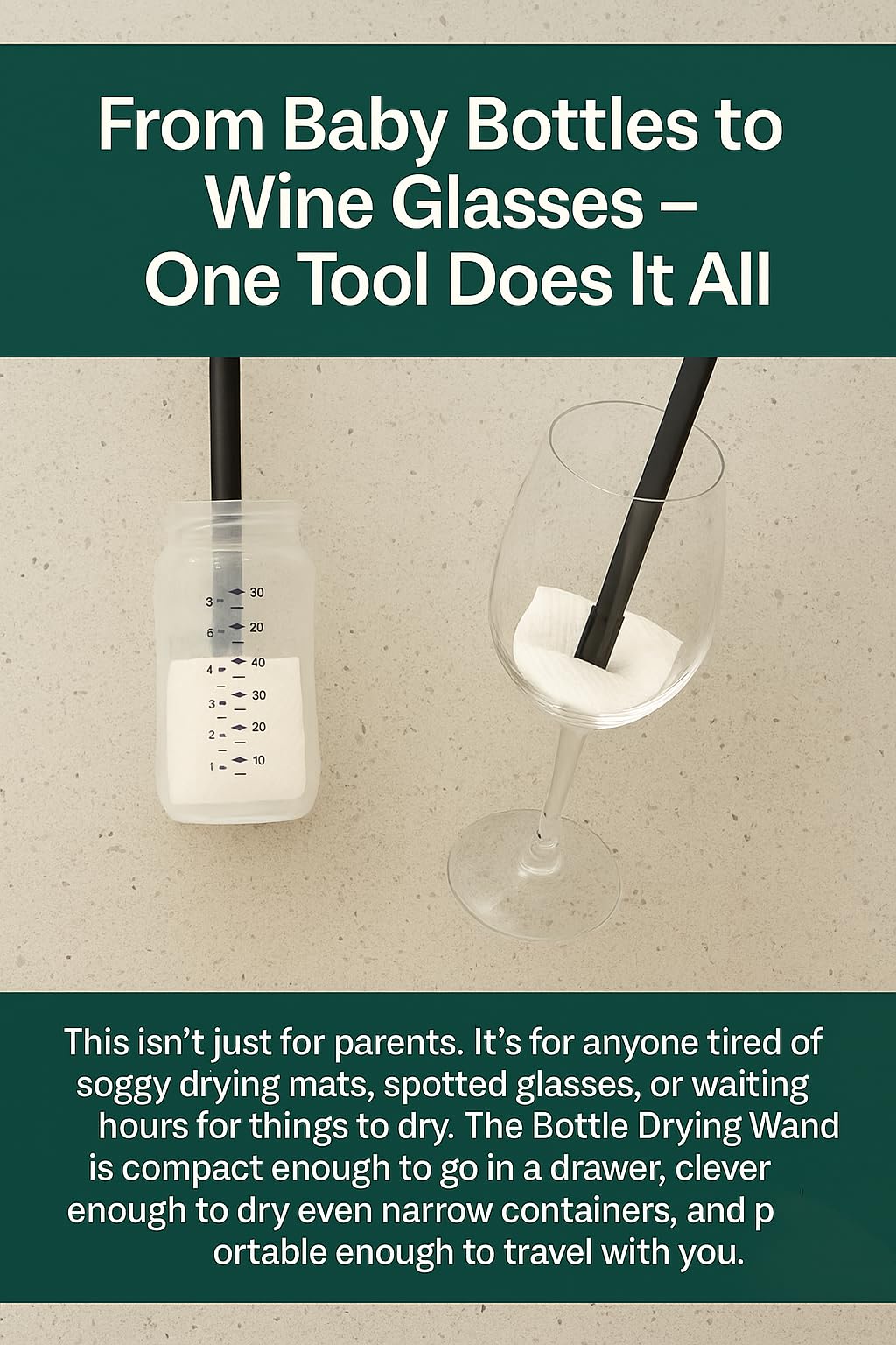 Outta Space Bottle Drying Wand beside glassware, saving space on the kitchen sink.
