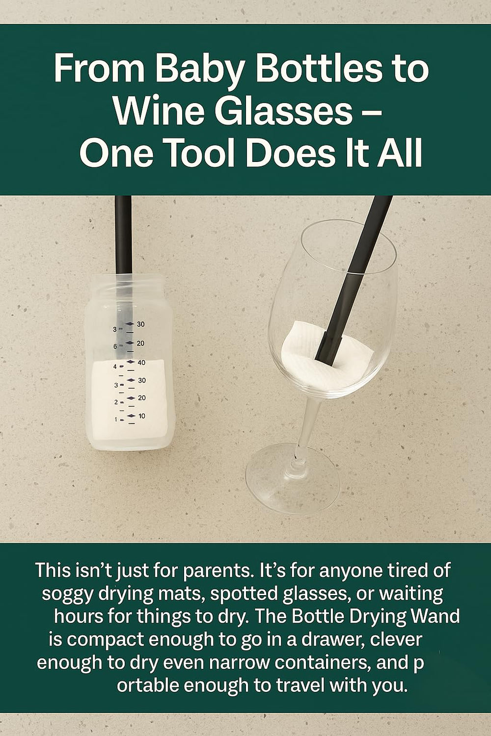 Outta Space Bottle Drying Wand beside glassware, saving space on the kitchen sink.