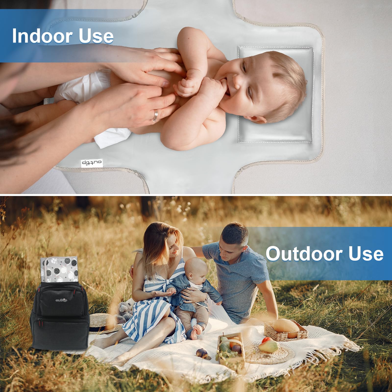 Outtip Diaper-bag-ready changing pad fits strollers and car rides.