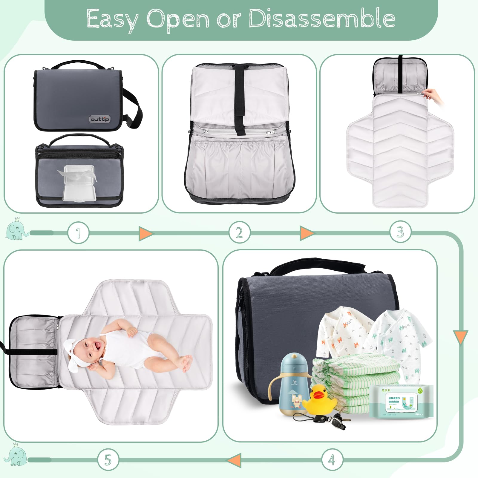 OUTTIP diaper bag gray wipes pocket enables quick cleanups on the go.