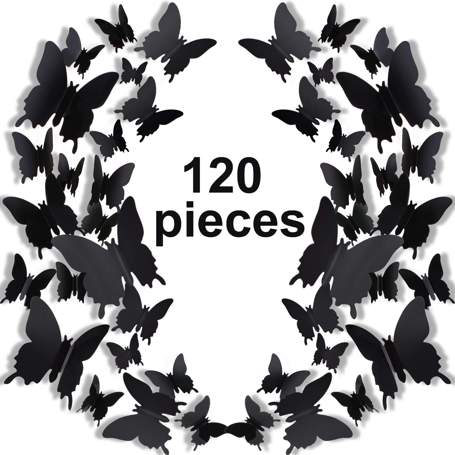 Outus 120-piece 3D butterfly stickers in black create a whimsical wall display.