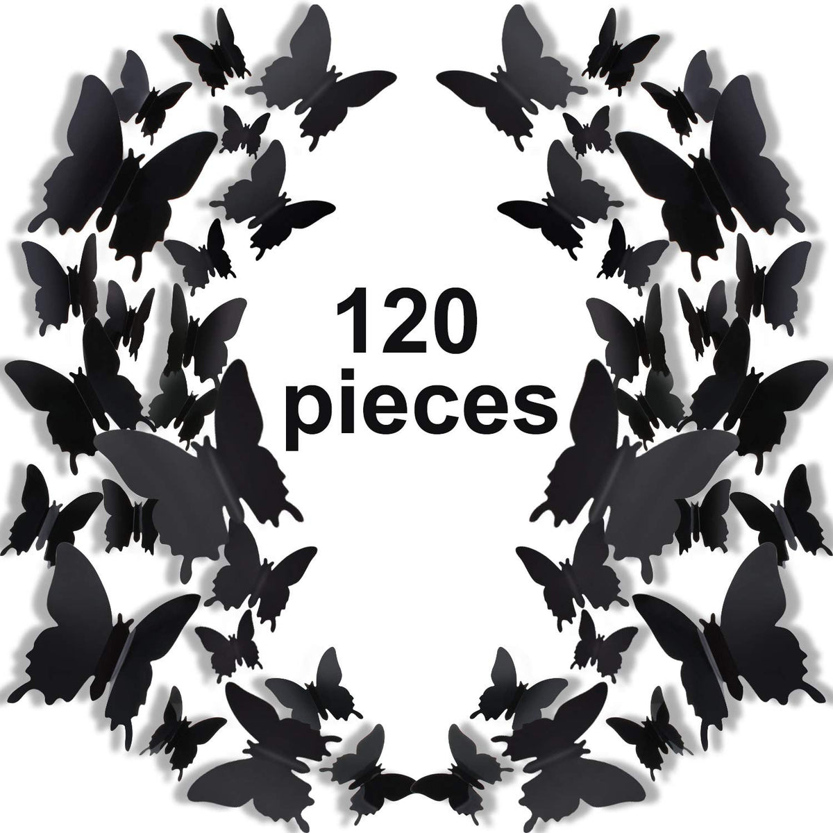 Outus 120-piece 3D butterfly stickers in black create a whimsical wall display.