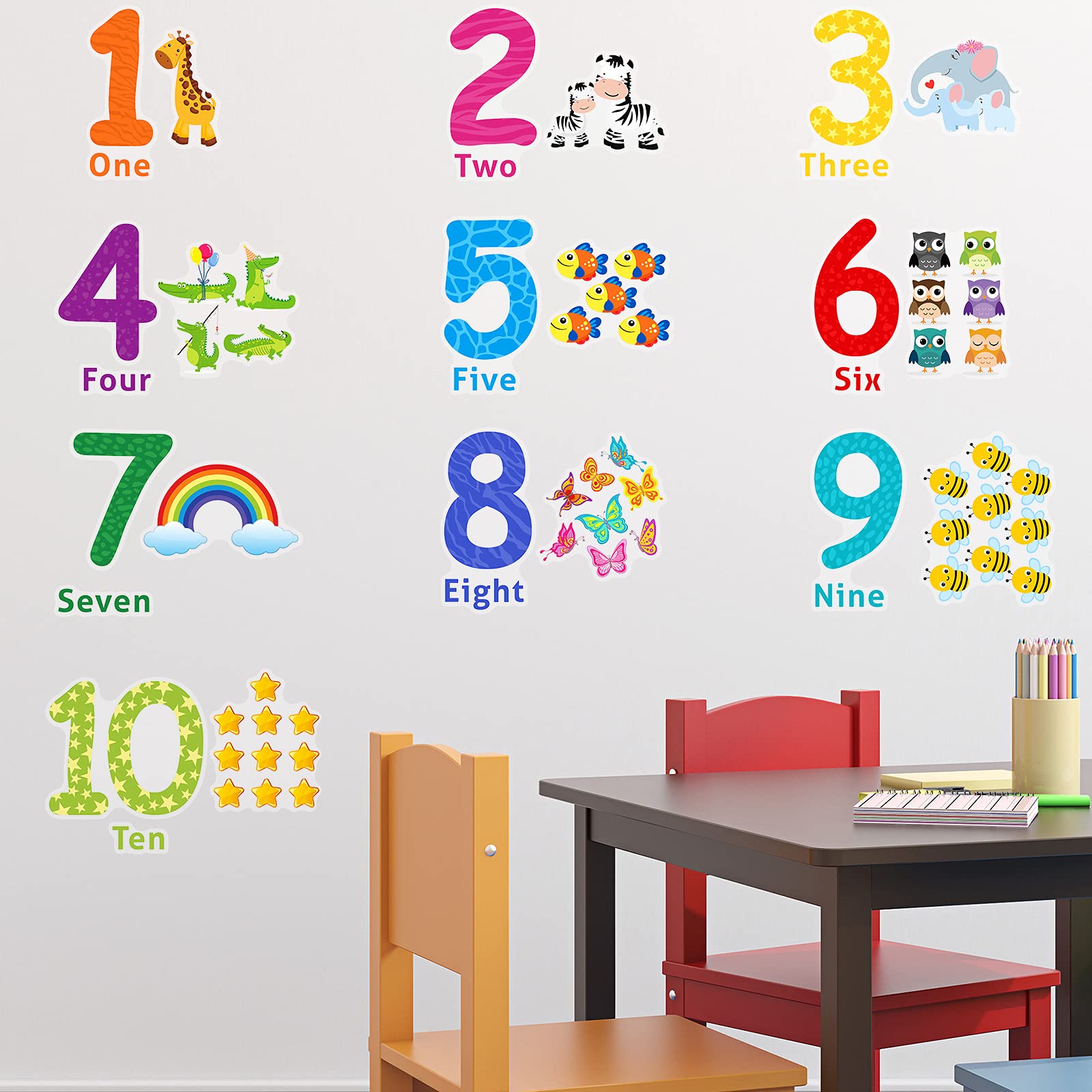 Outus number wall decals with animals to boost early number recognition in kids’ room.