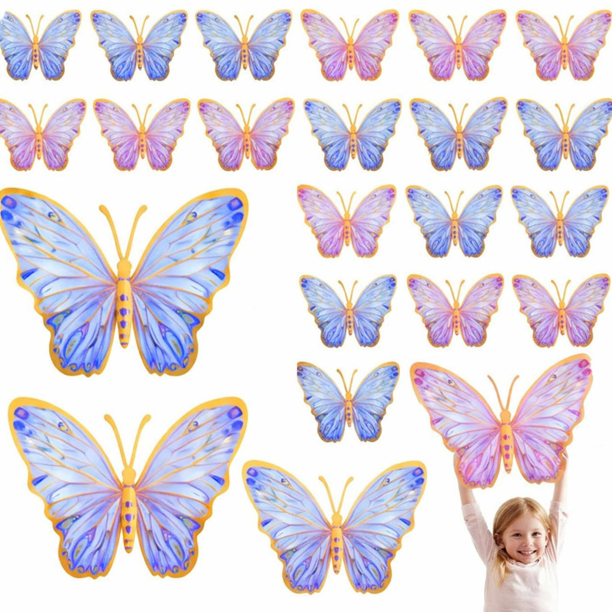 Outus butterfly wall stickers pink and purple, 3 sizes, ideal for baby showers and bedroom decor.