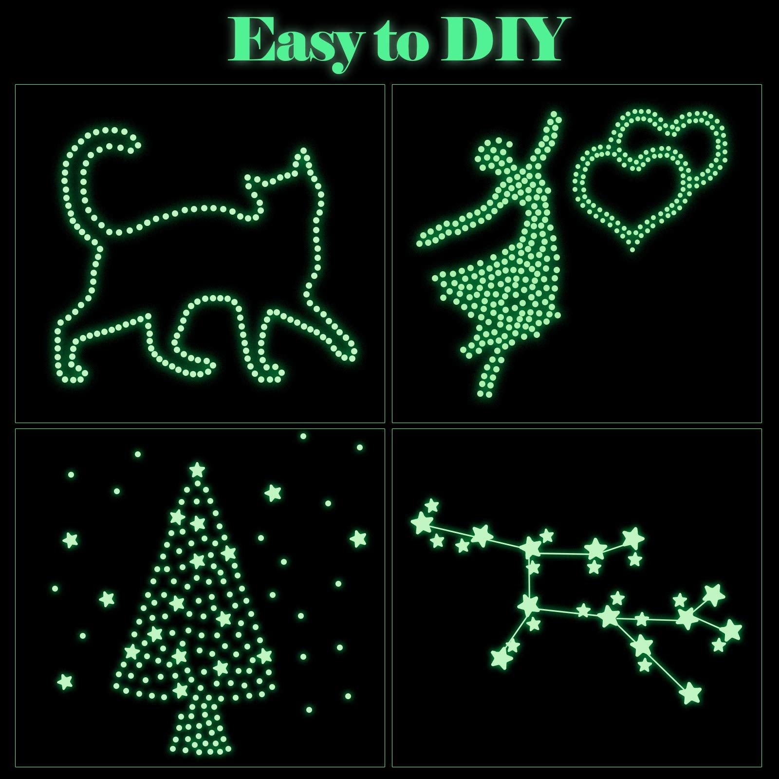 Outus kids bedroom with starry ceiling decorations in green glow