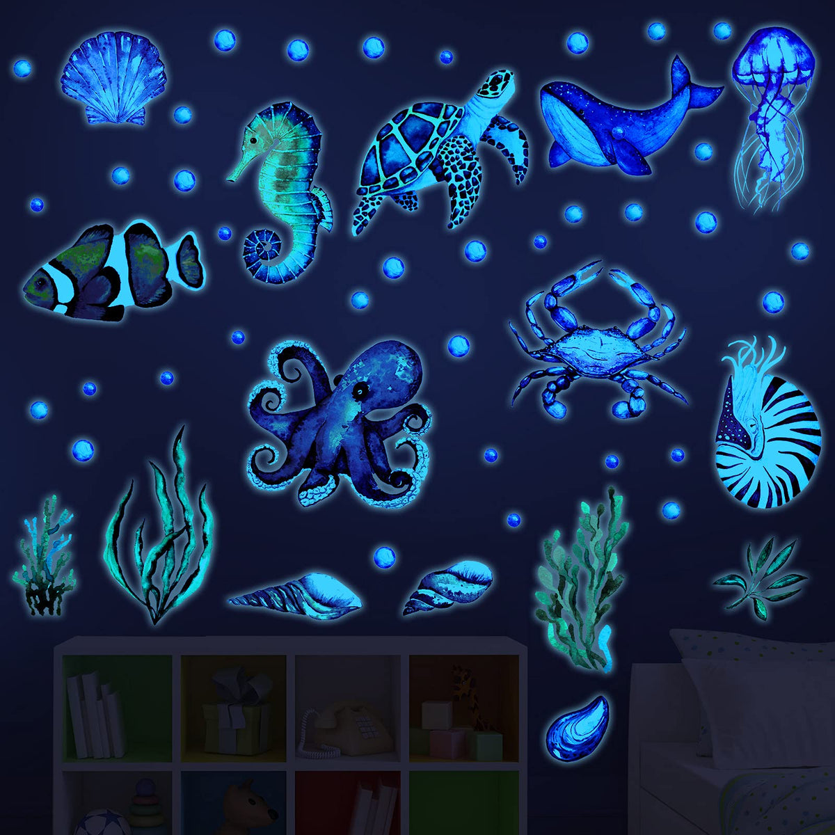 Outus ocean fish wall decals glow-in-the-dark for a magical kids room