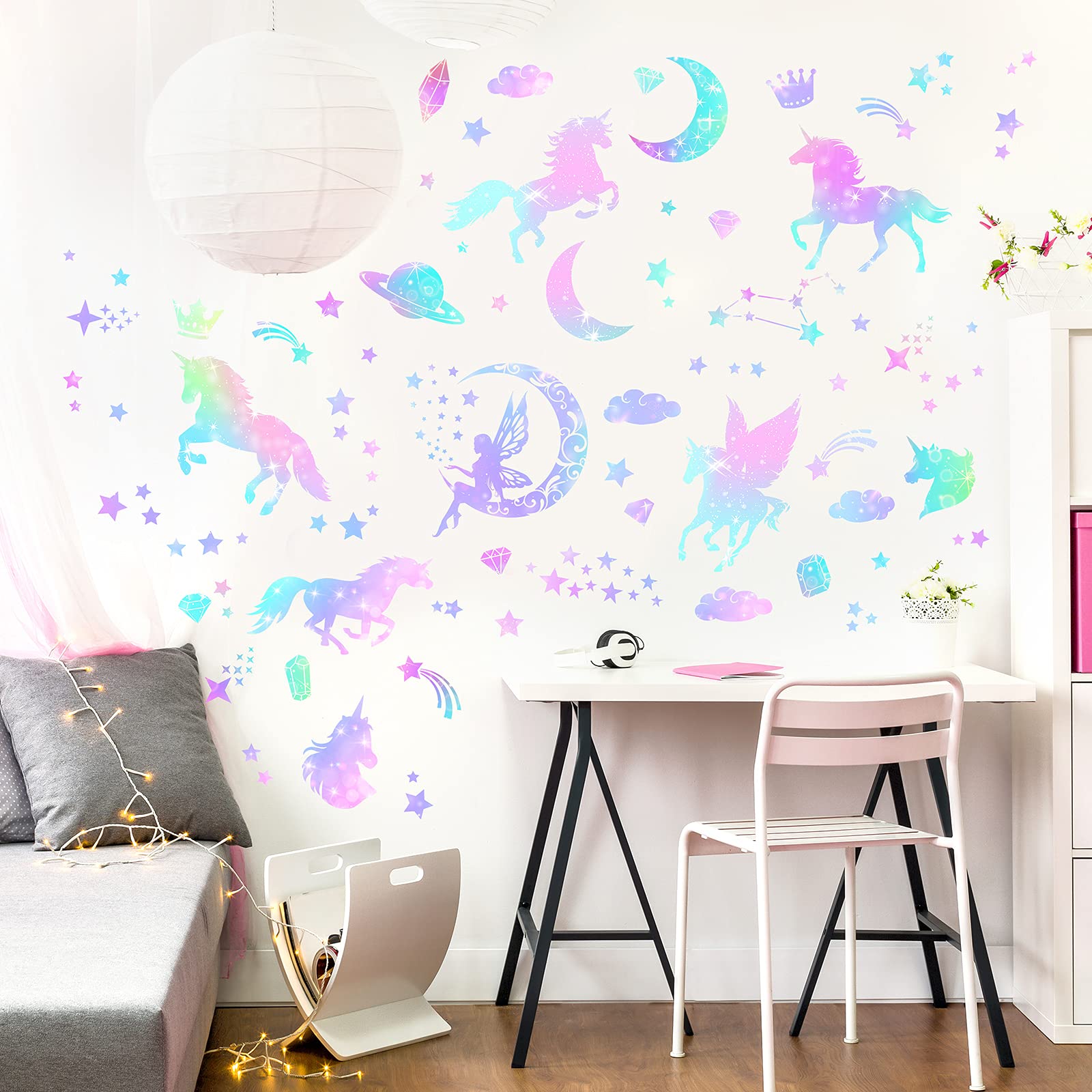 Outus glitter-detail unicorn and fairy decal adds shimmer to playrooms.