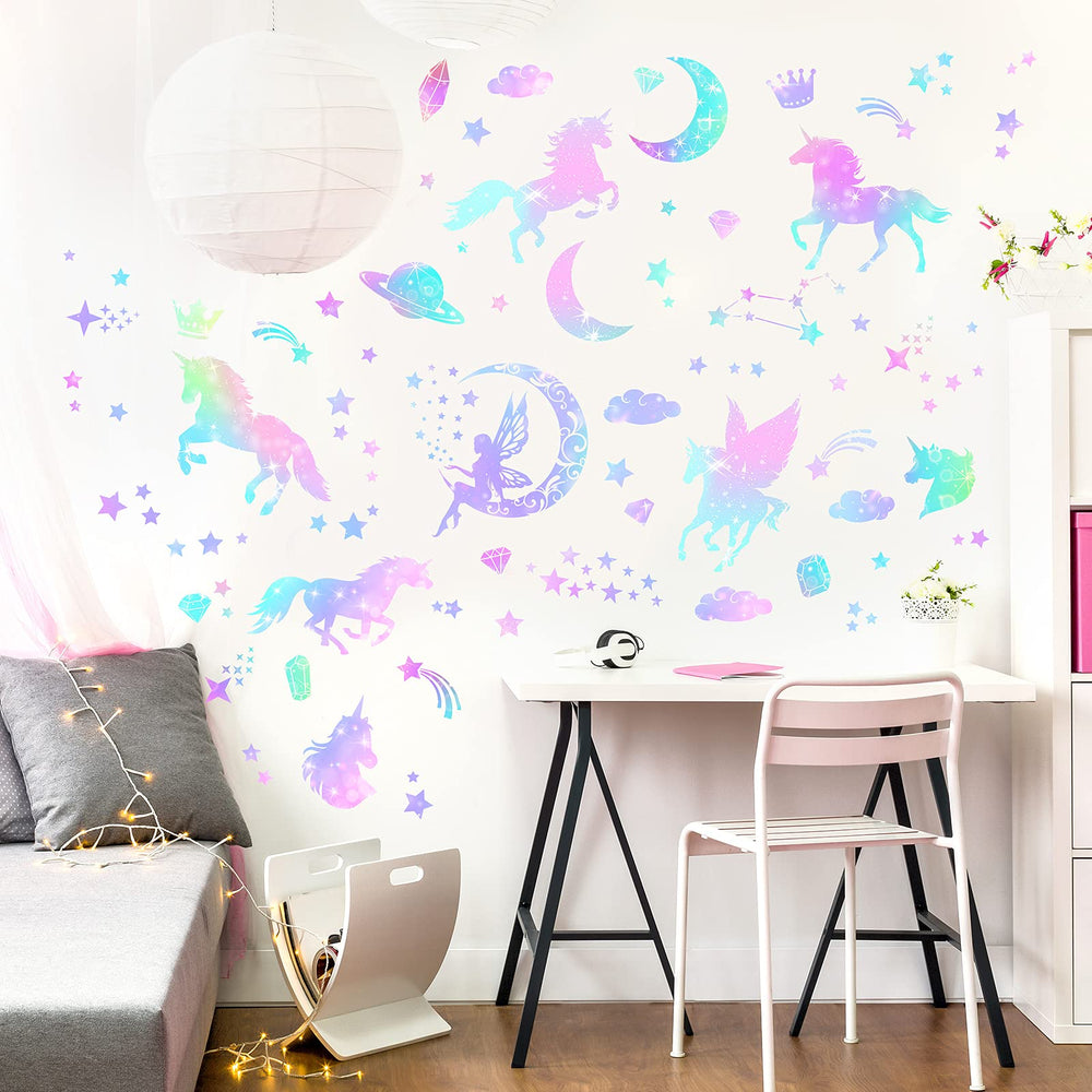 Outus glitter-detail unicorn and fairy decal adds shimmer to playrooms.