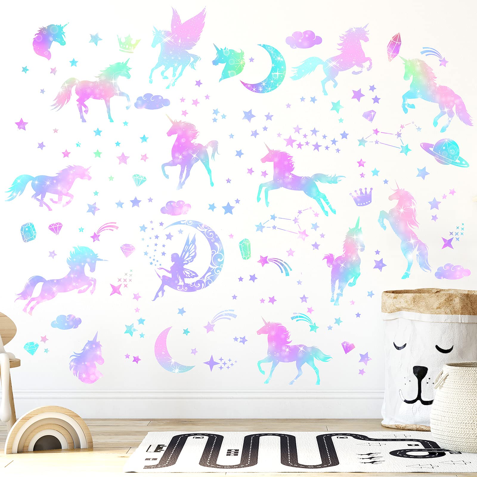 Outus unicorn and fairy decals shown on walls and glass windows for versatile decor.