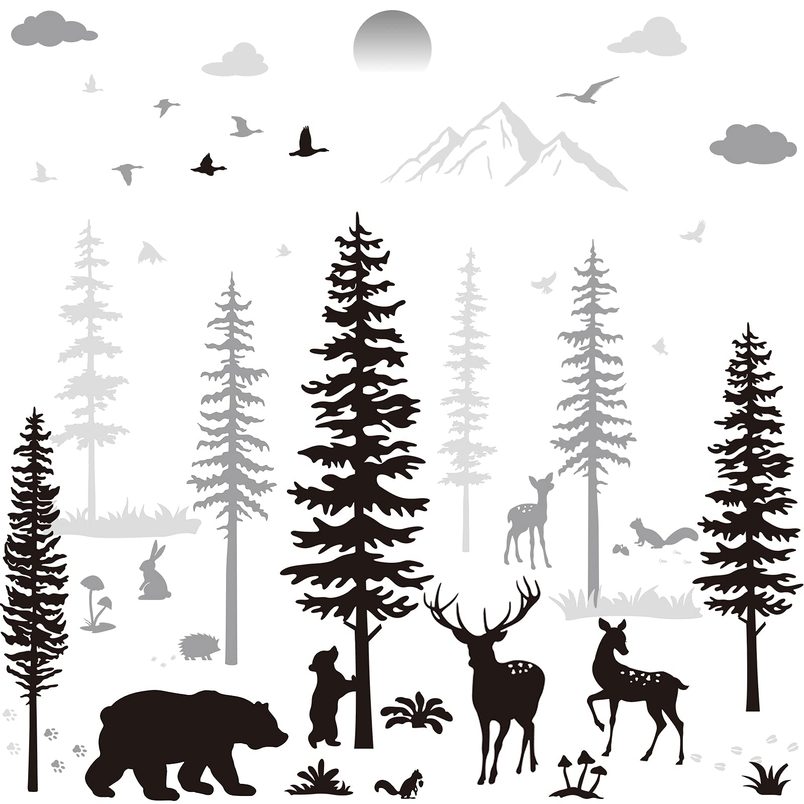 Outus winter forest pine trees wall decal adds cozy woodland vibe to kid's room.