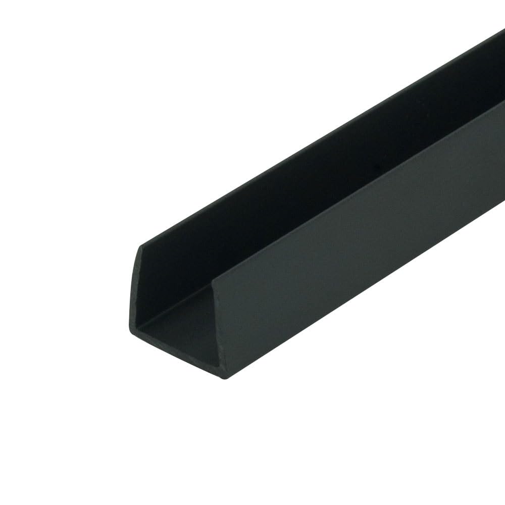 Outwater black half-inch styrene U-channel closeup highlights scratch resistance and edge protection.