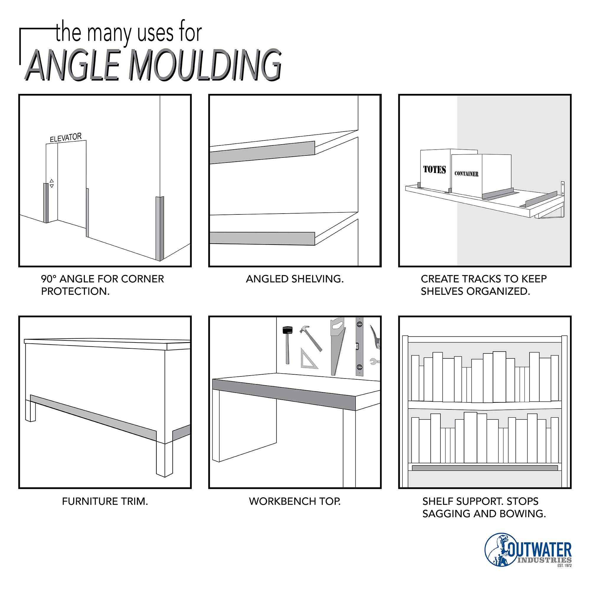 Outwater U-channel 90-degree angle close-up shows glossy white finish and impact-friendly framing.