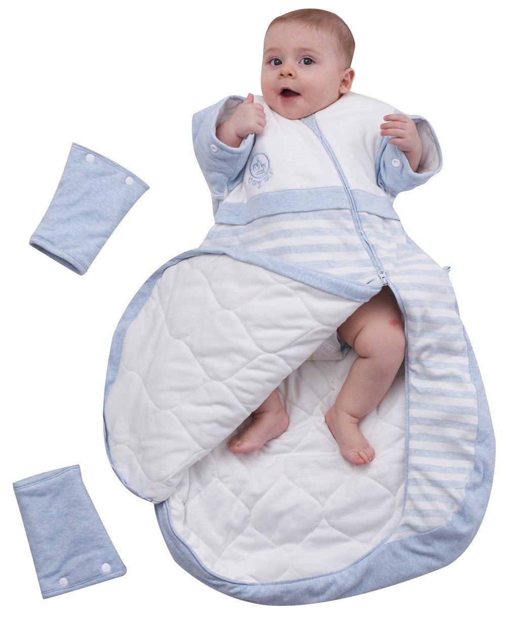 OuYun baby sleeping bag blue front view for cozy wearable blanket warmth
