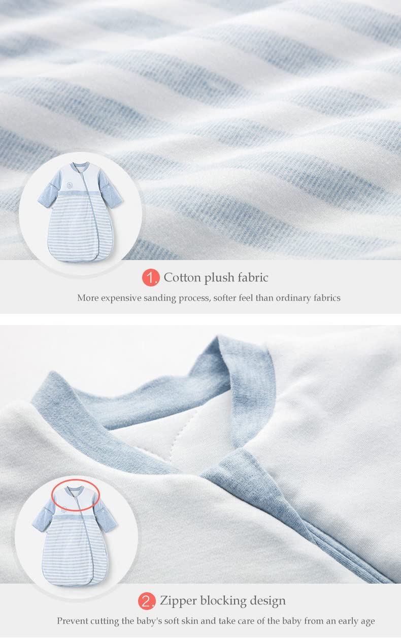 OuYun baby sleeping bag blue side view showing adjustable detachable sleeves