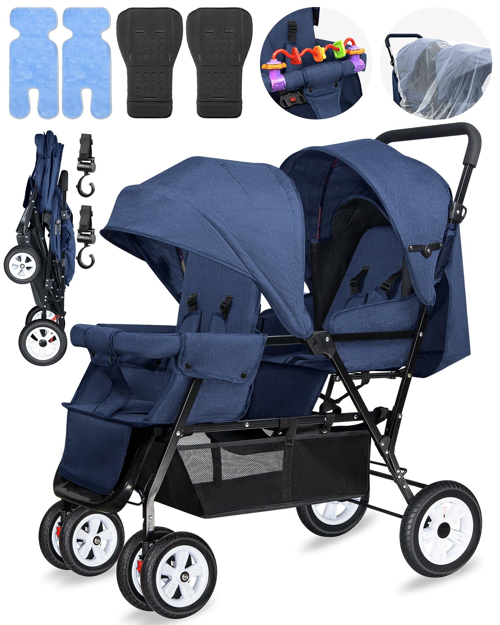 OVERTANG double stroller folded compactly for easy travel and storage.
