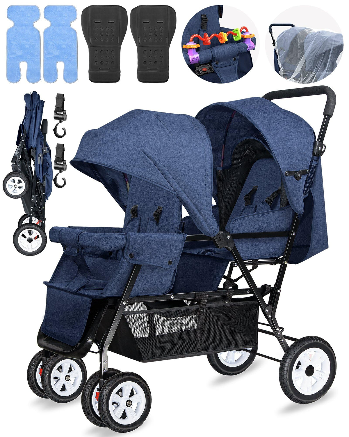 OVERTANG double stroller folded compactly for easy travel and storage.