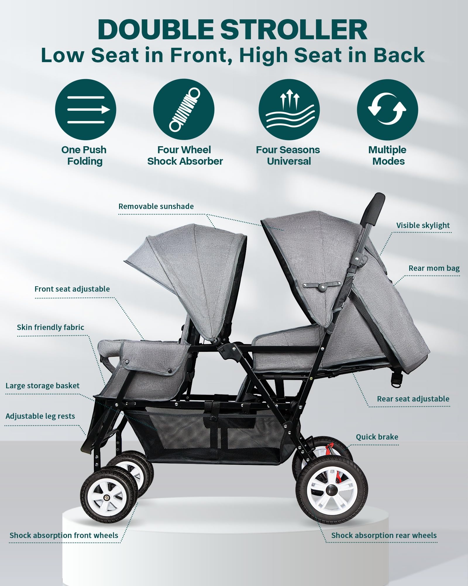 Adjustable footrests on OVERTANG double stroller in grey