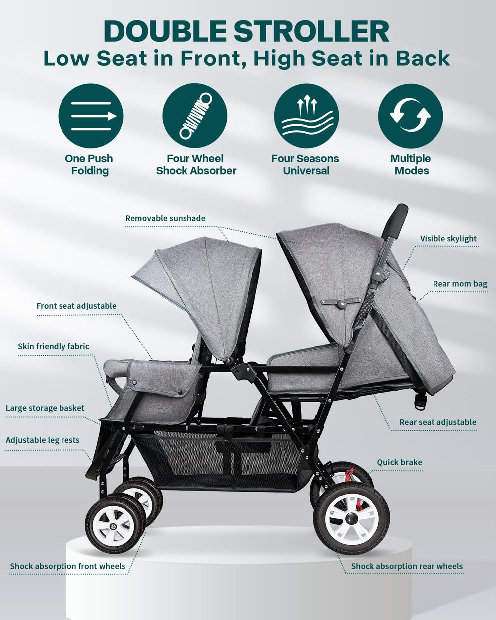 Adjustable footrests on OVERTANG double stroller in grey