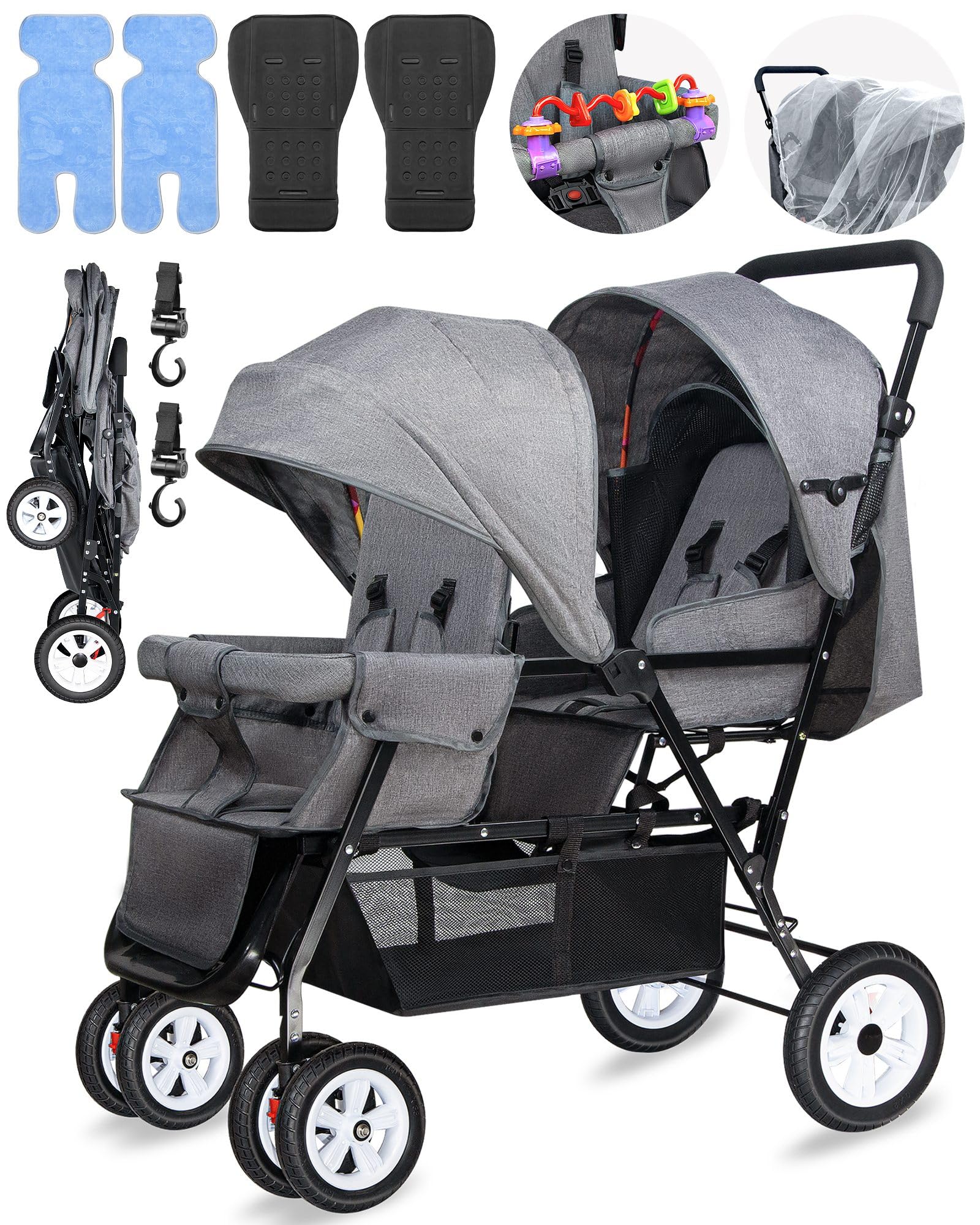 OVERTANG double stroller folded in grey for compact storage