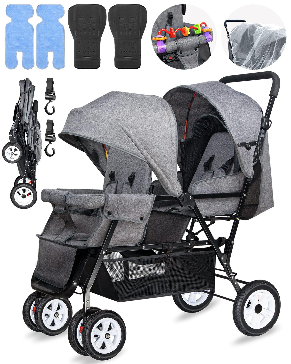 OVERTANG double stroller folded in grey for compact storage
